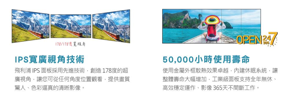 仕錩國際拼接電視牆，IPS寬廣視角技術，50,000小時使用壽命